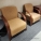 Pair of Light Brown Patterned Sofa Armchairs w/ Wood Frames